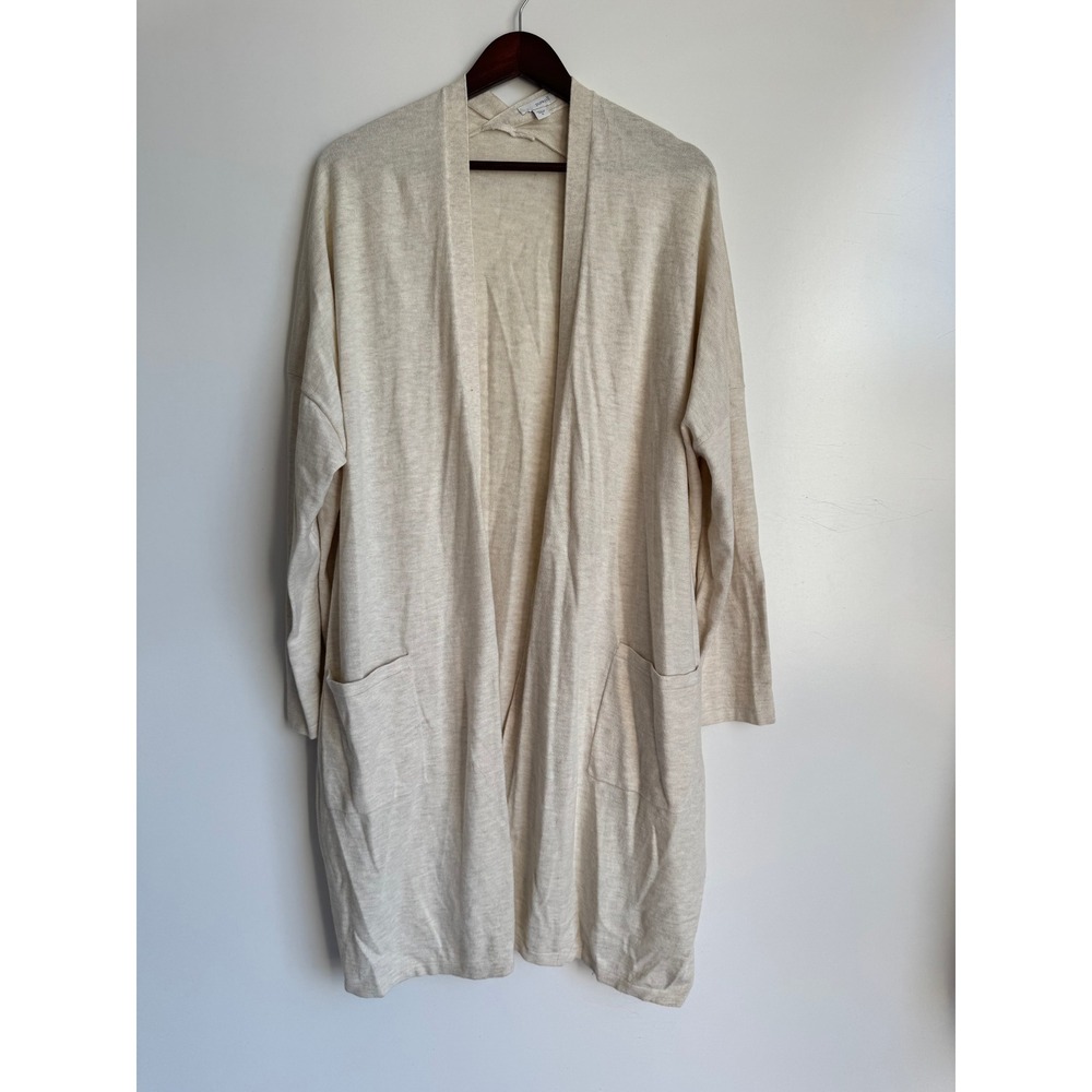 Pure Jill Long Duster Cardigan‎ Medium Oatmeal Cotton Blend Open Front Pockets